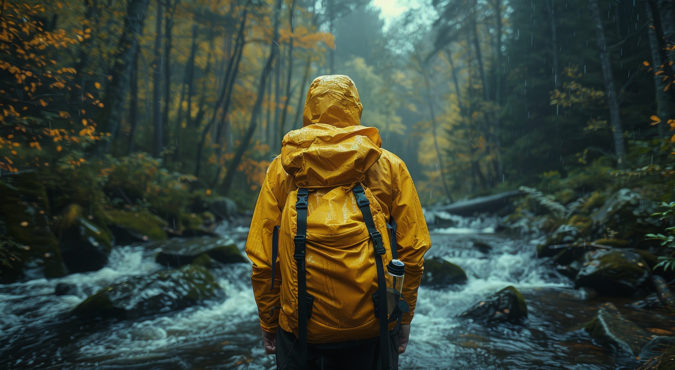 (Amidst the vibrant fall foliage, a lone hiker in a bright yellow rain jacket stands serenely in the rushing river, connecting with nature in the heart of the forest)